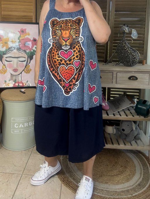 Top débardeur trapèze effet jeans délavé Le Guépard aux Coeurs du 40 au 50/52