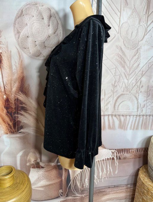 Blouse velours noir col volanté strass paillettes argentées du 34 au 44/46