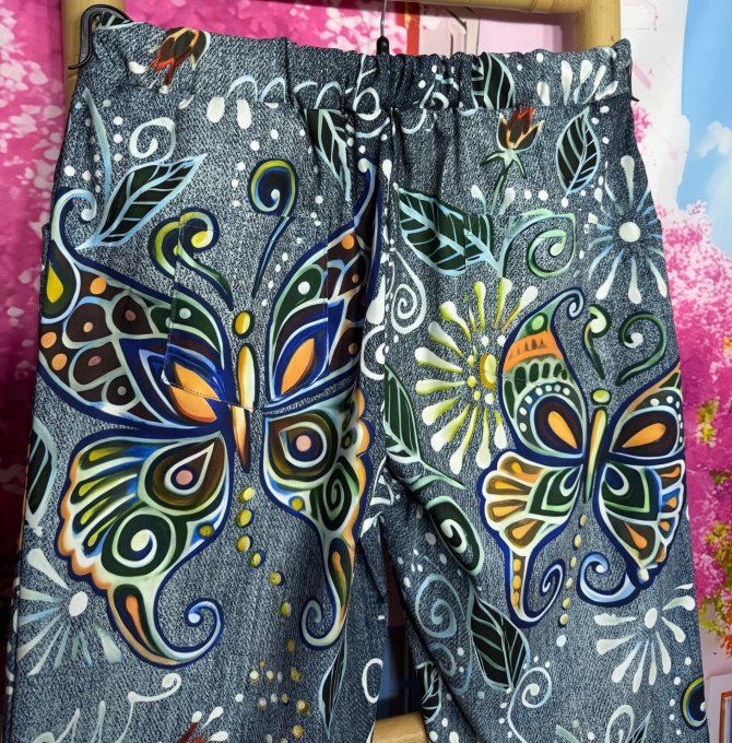 Bermuda / short long effet jeans stone grisé Les Papillons multicolores stretch ++ du 38 au 50/52