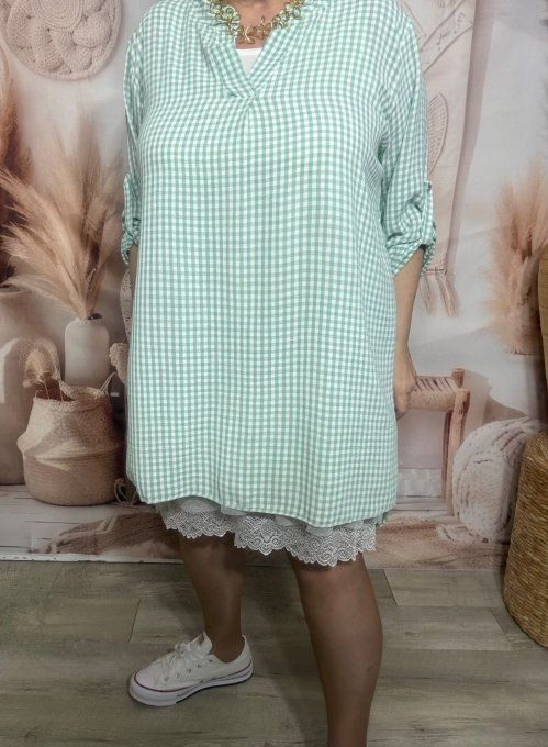 Tunique ou Robe courte Vichy Vert Menthe col Mao manches réglables du 38 au 48/50 