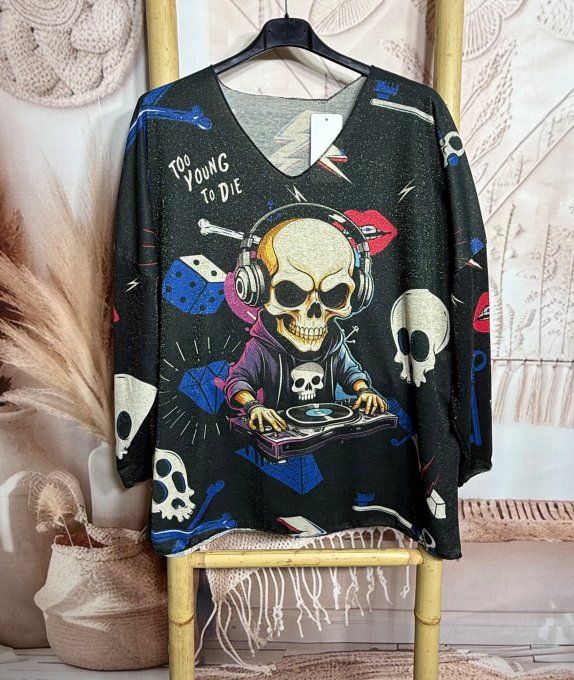 Top lurex noir pailleté doré Mexican Music Rock Calavera du 38 au 48/50