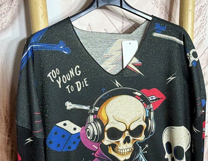 Top lurex noir pailleté doré Mexican Music Rock Calavera du 38 au 48/50