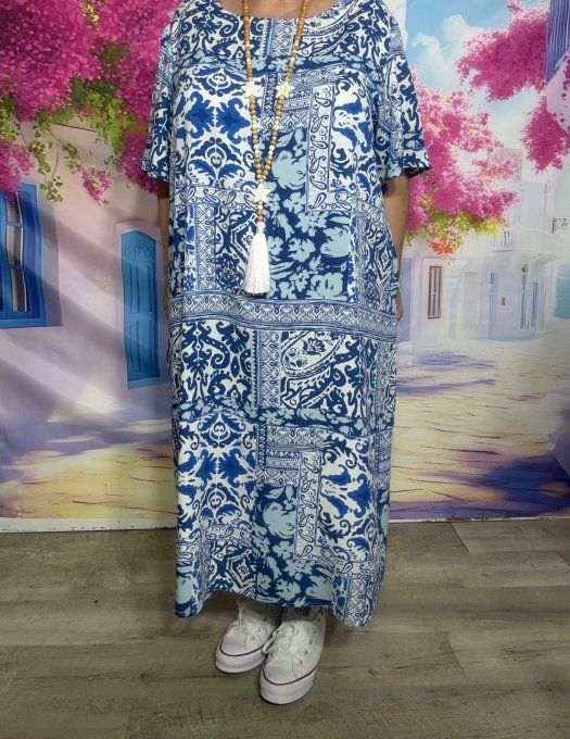 Robe ample longue viscose blanche Azulejos camaïeu de bleus douceur +++ du 40 au 48/50