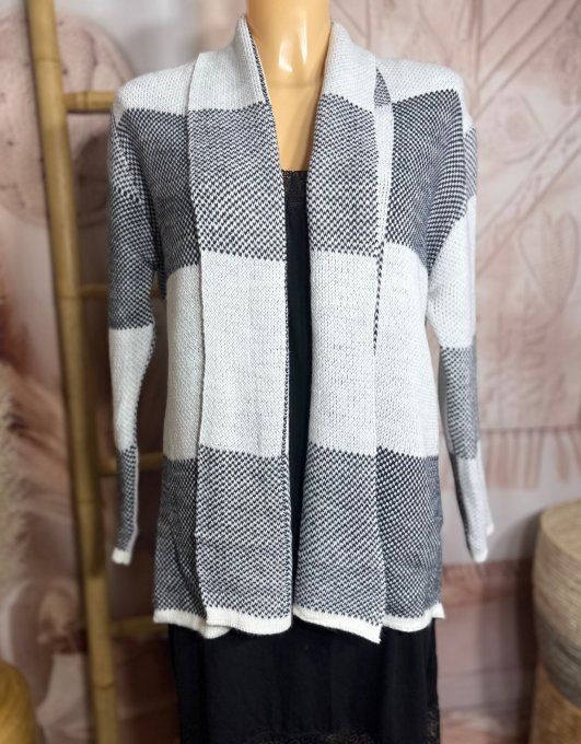Gilet à pans SANS LAINE Jacquard carreaux écru gris chiné du 36 au 44