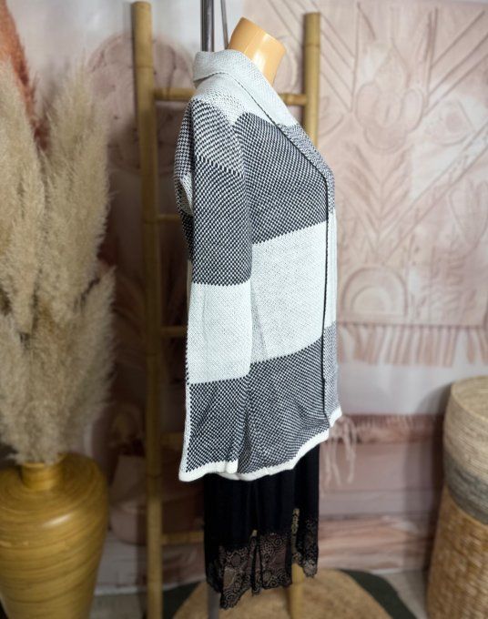 Gilet à pans SANS LAINE Jacquard carreaux écru gris chiné du 36 au 44