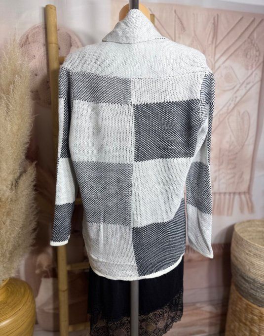 Gilet à pans SANS LAINE Jacquard carreaux écru gris chiné du 36 au 44