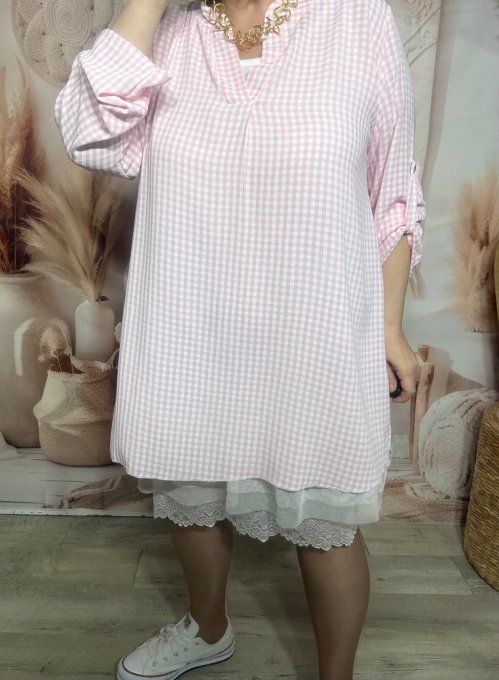 Tunique ou Robe courte Vichy Rose poudré col Mao manches réglables du 38 au 48/50