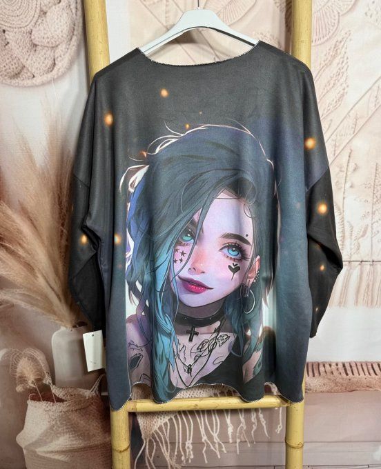 Top ample suédine noir grisé The Tattoo pretty Girl douceur +++ du 38 au 48/50