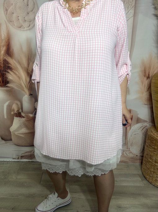 Tunique ou Robe courte Vichy Rose poudré col Mao manches réglables du 38 au 48/50