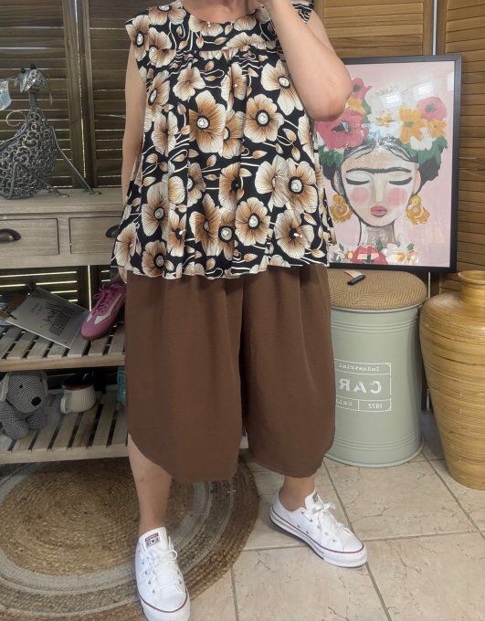 Blouse courte trapèze manches volantées tons chocolat du 36 au 46/48