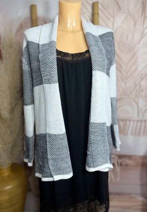 Gilet à pans SANS LAINE Jacquard carreaux écru gris chiné du 36 au 44