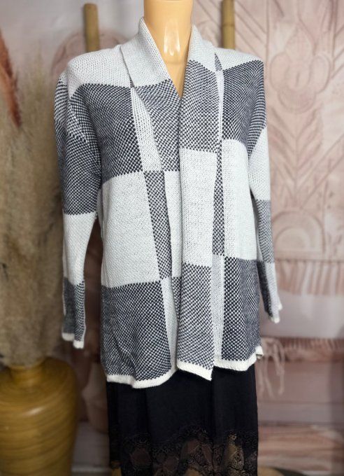 Gilet à pans SANS LAINE Jacquard carreaux écru gris chiné du 36 au 44