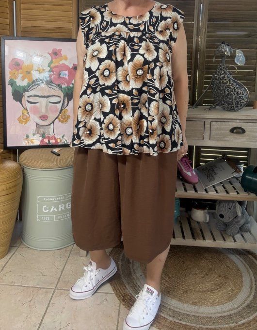 Blouse courte trapèze manches volantées tons chocolat du 36 au 46/48