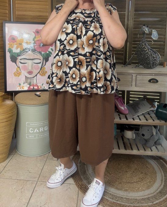 Blouse courte trapèze manches volantées tons chocolat du 36 au 46/48