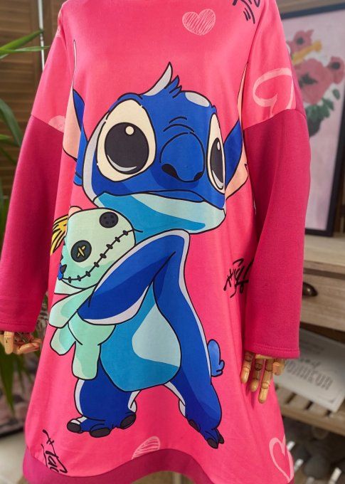 Sweat à capuche long ou robe sweat fuschia Stitch du 40 au 52  