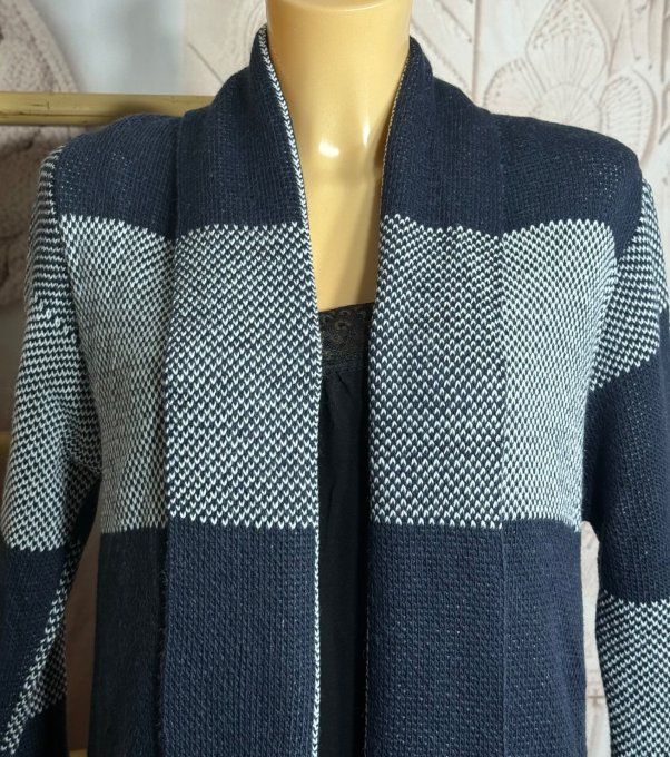 Gilet à pans SANS LAINE Jacquard carreaux marine gris bleuté du 36 au 44 