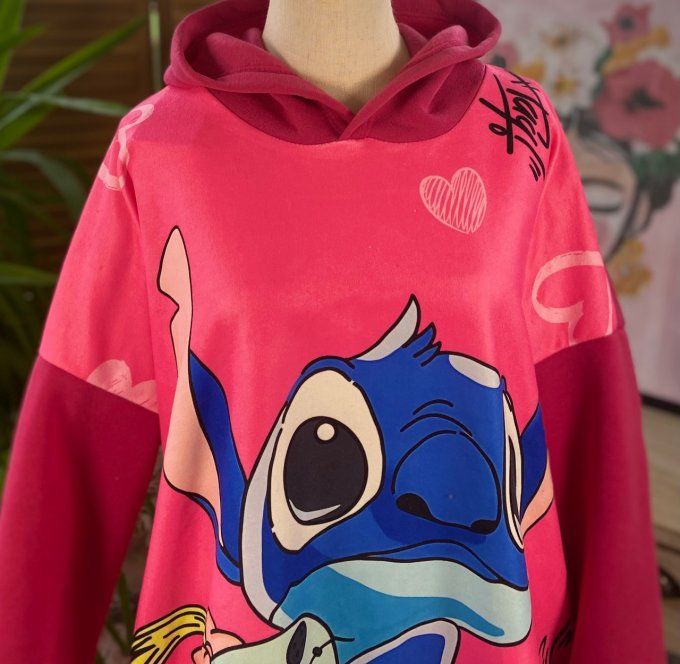 Sweat à capuche long ou robe sweat fuschia Stitch du 40 au 52  