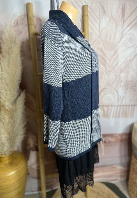 Gilet à pans SANS LAINE Jacquard carreaux marine gris bleuté du 36 au 44 