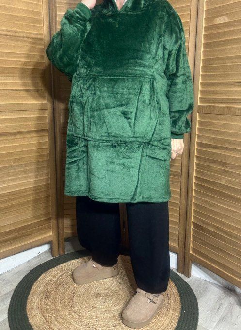 Sweat-plaid à capuche long velours doublé polaire vert sapin douceur +++ du 40 au 54 