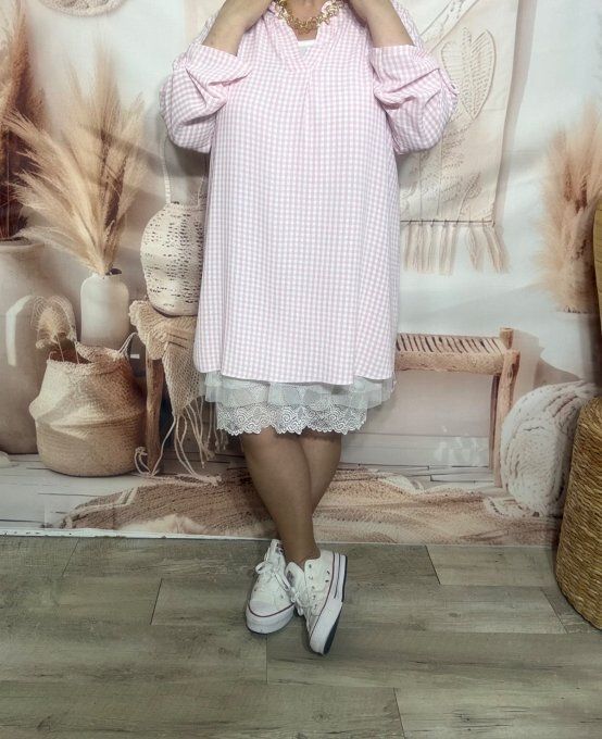 Tunique ou Robe courte Vichy Rose poudré col Mao manches réglables du 38 au 48/50