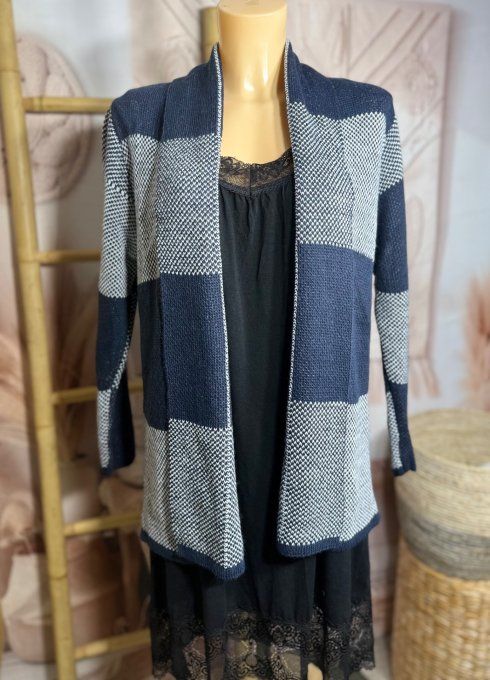 Gilet à pans SANS LAINE Jacquard carreaux marine gris bleuté du 36 au 44 