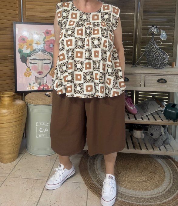 Blouse courte trapèze manches volantées Ethnique chocolat du 36 au 46/48 