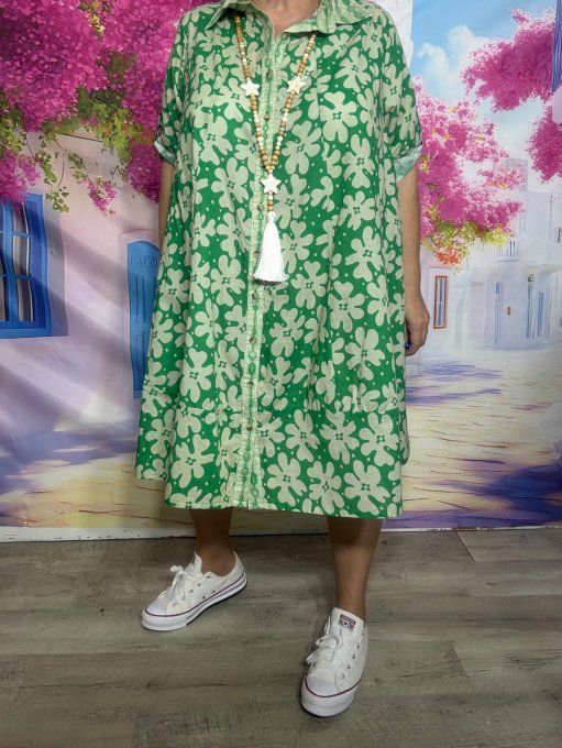 Robe-chemise courte trapèze vert Gucci et Fleurs crème du 40 au 48/50 