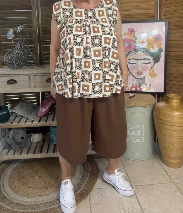 Blouse courte trapèze manches volantées Ethnique chocolat du 36 au 46/48 