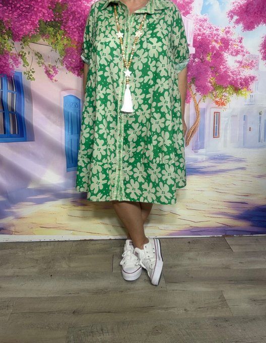 Robe-chemise courte trapèze vert Gucci et Fleurs crème du 40 au 48/50 