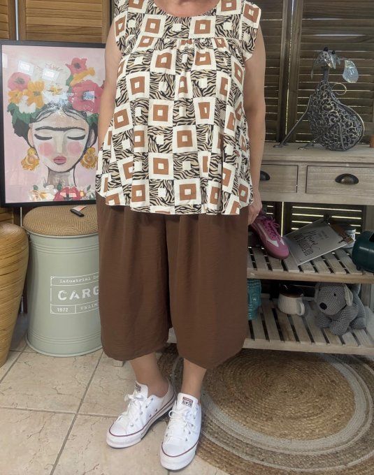 Blouse courte trapèze manches volantées Ethnique chocolat du 36 au 46/48 