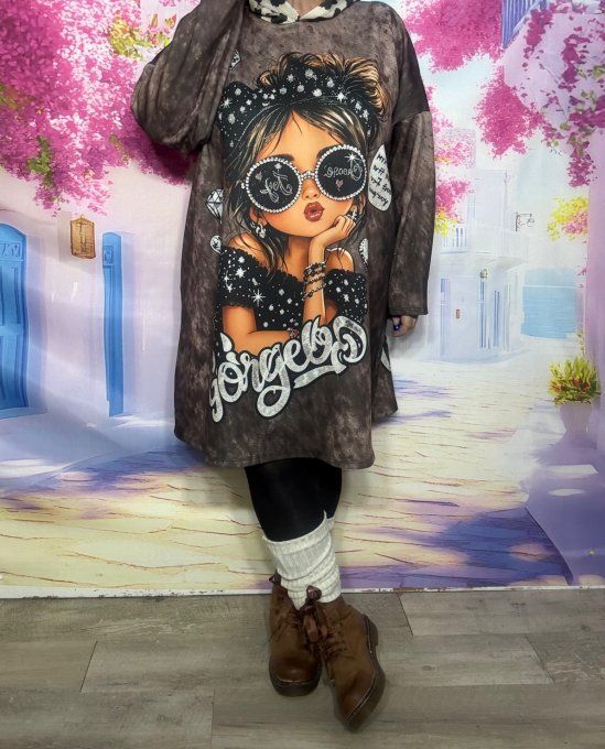 Robe à capuche ample ou Maxi-sweat marbré Chocolat Fashion Pretty Girl confort +++ du 40 au 54 