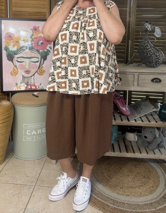 Blouse courte trapèze manches volantées Ethnique chocolat du 36 au 46/48 