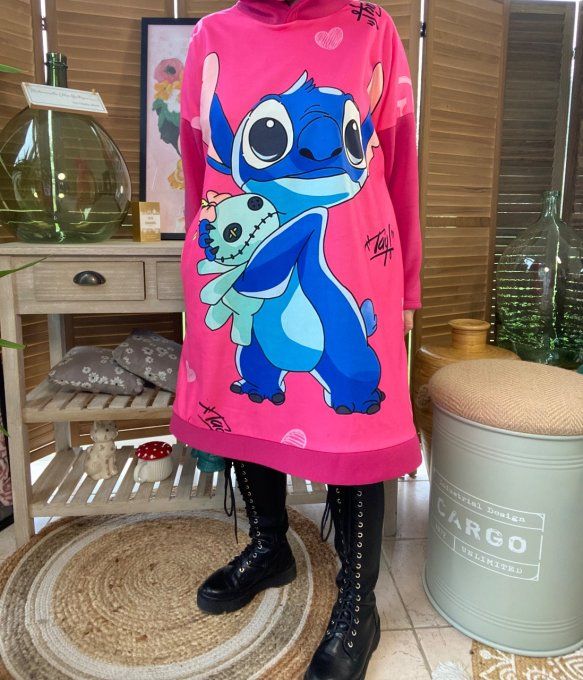 Sweat à capuche long ou robe sweat fuschia Stitch du 40 au 52  