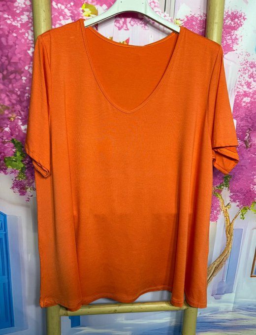Top trapèze orange manches courtes col V collection Les Basiques du Dressing du 40 au 54
