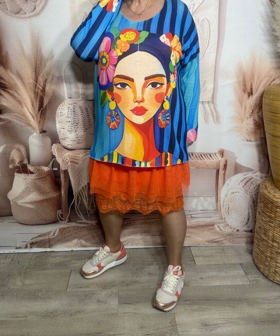 Top manches longues bleu azur rayé Frida Kahlo revisitée du 40 au 50/52