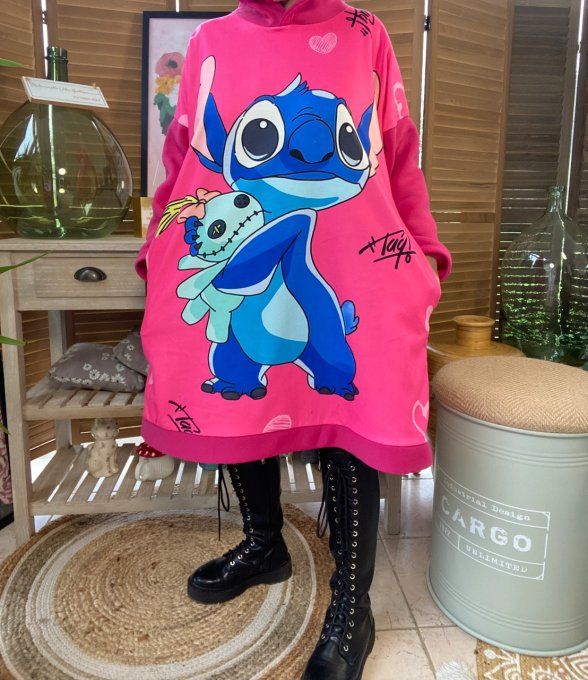 Sweat à capuche long ou robe sweat fuschia Stitch du 40 au 52  