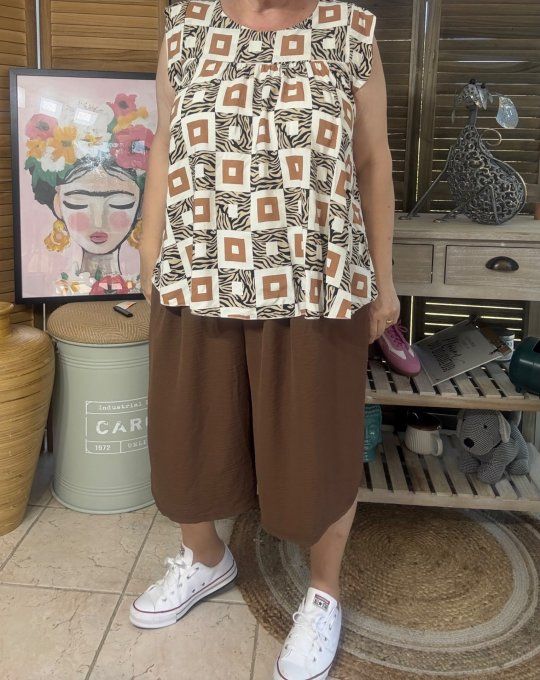 Blouse courte trapèze manches volantées Ethnique chocolat du 36 au 46/48 