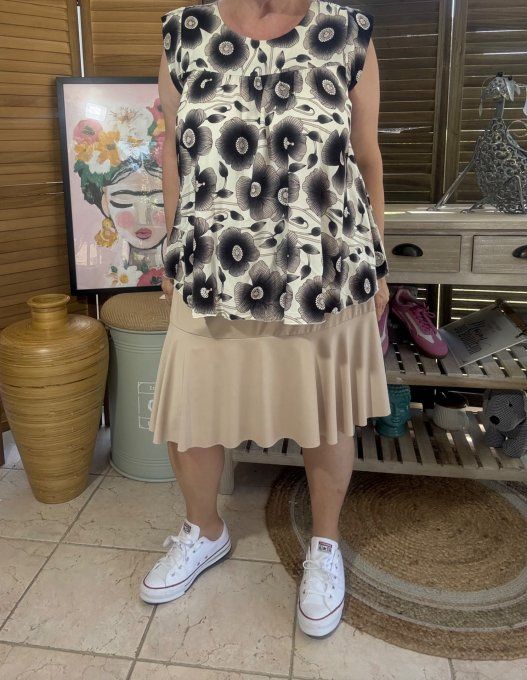 Blouse courte trapèze manches volantées tons noirs du 36 au 46/48