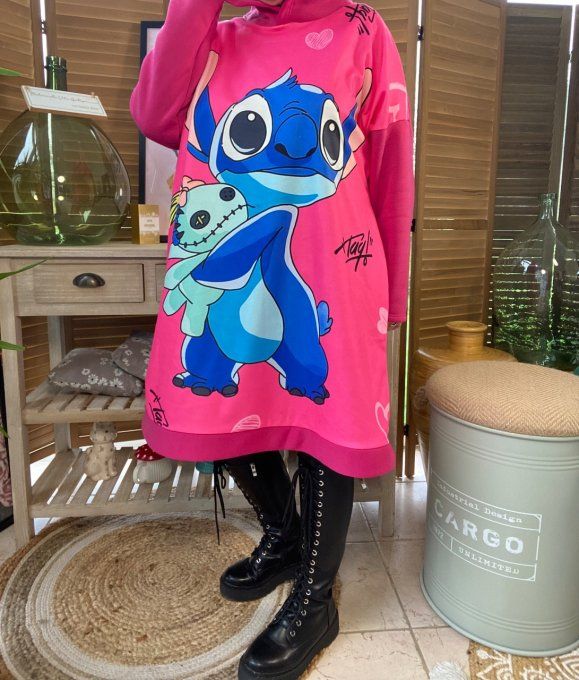 Sweat à capuche long ou robe sweat fuschia Stitch du 40 au 52  