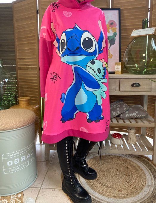 Sweat à capuche long ou robe sweat fuschia Stitch du 40 au 52  