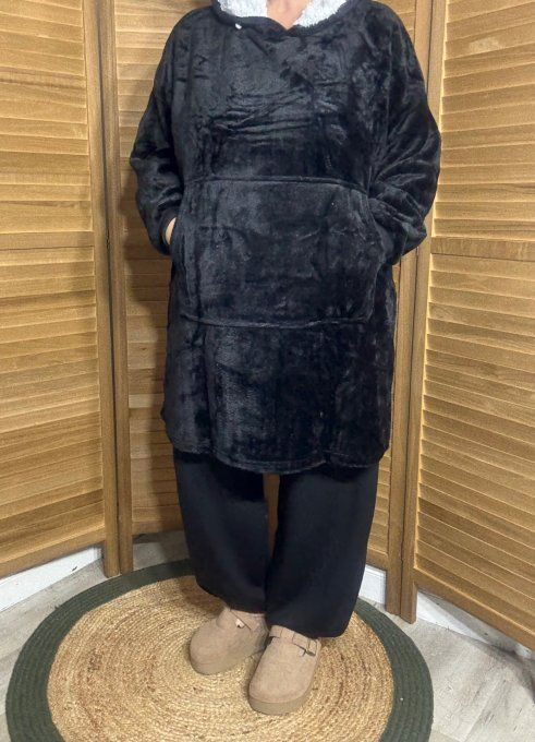 Sweat-plaid à capuche long velours doublé polaire noir douceur +++ du 40 au 54