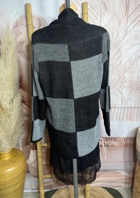 Gilet à pans SANS LAINE Jacquard carreaux noir gris perle du 36 au 44