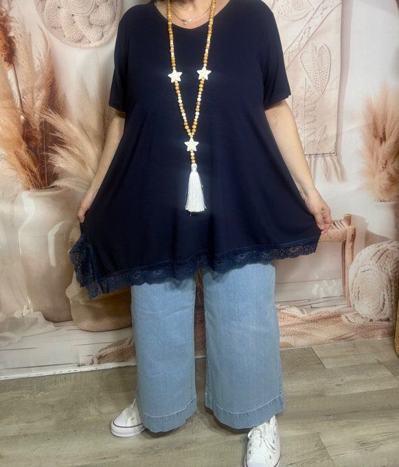 Top ample asymétrique marine manches courtes & dentelle en bas douceur +++ du 40 au 52/54