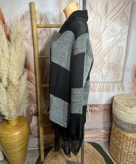 Gilet à pans SANS LAINE Jacquard carreaux noir gris perle du 36 au 44