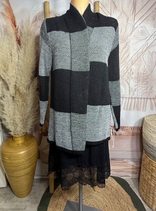 Gilet à pans SANS LAINE Jacquard carreaux noir gris perle du 36 au 44