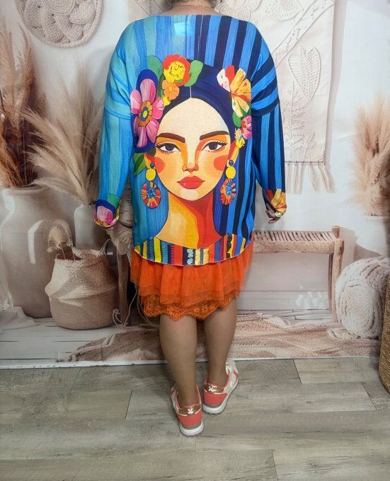 Top manches longues bleu azur rayé Frida Kahlo revisitée du 40 au 50/52