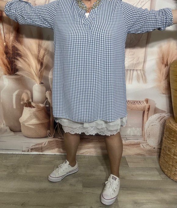 Tunique ou Robe courte Vichy Marine col Mao manches réglables du 38 au 48/50