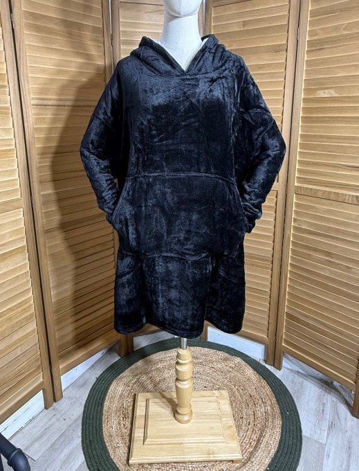 Sweat-plaid à capuche long velours doublé polaire noir douceur +++ du 40 au 54