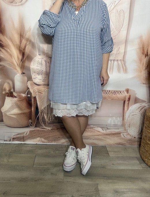 Tunique ou Robe courte Vichy Marine col Mao manches réglables du 38 au 48/50