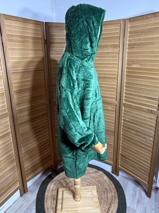 Sweat-plaid à capuche long velours doublé polaire vert sapin douceur +++ du 40 au 54 